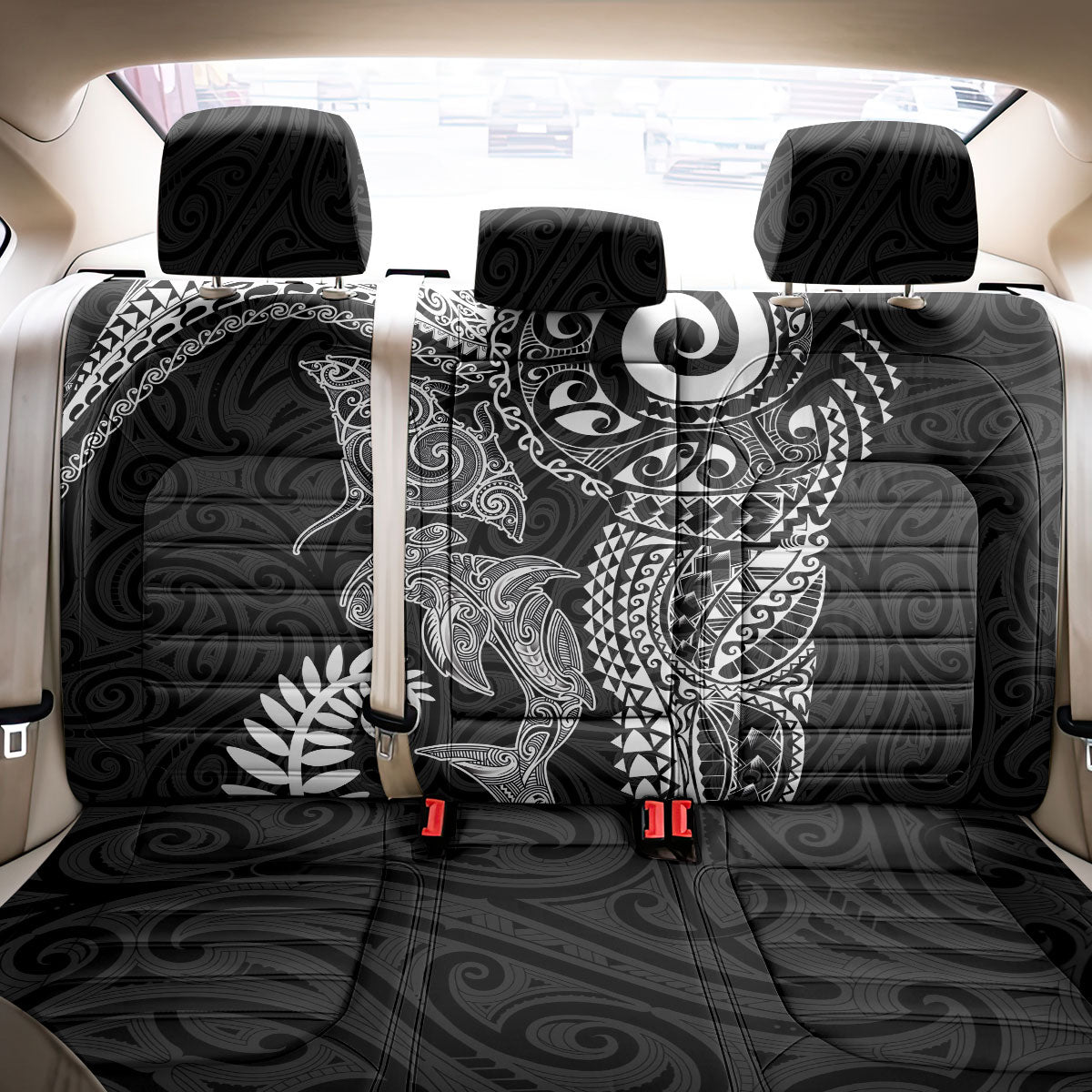 Aotearoa Maori Sea Animals Tribal Back Car Seat Cover Manta Ray and Shark Moko Pattern Black Color LT03 - Polynesian Pride