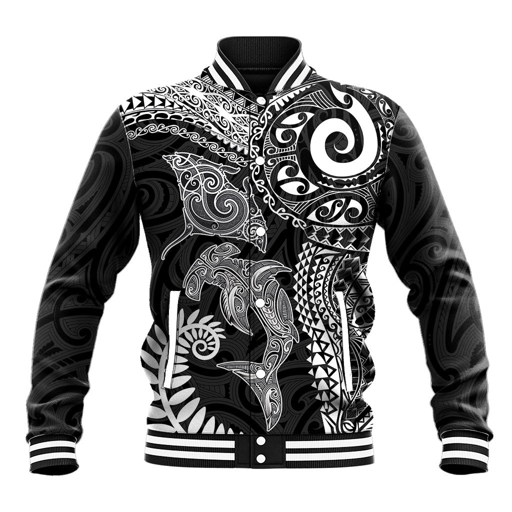 Aotearoa Maori Sea Animals Tribal Baseball Jacket Manta Ray and Shark Moko Pattern Black Color LT03 Unisex Black - Polynesian Pride