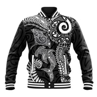 Aotearoa Maori Sea Animals Tribal Baseball Jacket Manta Ray and Shark Moko Pattern Black Color LT03 Unisex Black - Polynesian Pride