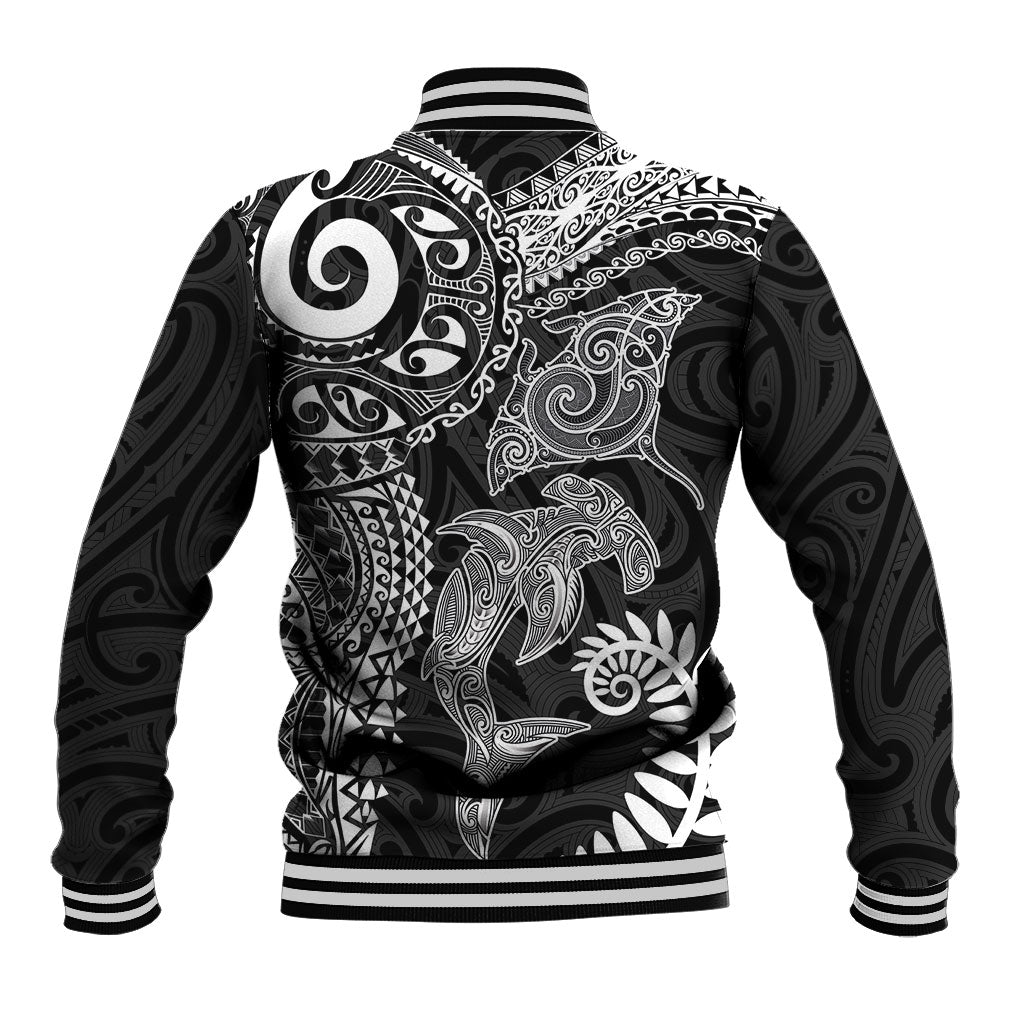 Aotearoa Maori Sea Animals Tribal Baseball Jacket Manta Ray and Shark Moko Pattern Black Color LT03 - Polynesian Pride
