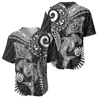 Aotearoa Maori Sea Animals Tribal Baseball Jersey Manta Ray and Shark Moko Pattern Black Color