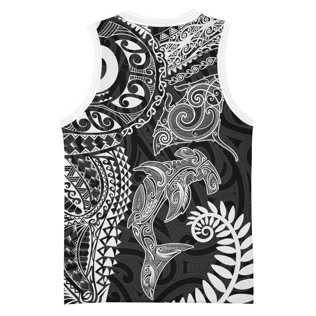 Aotearoa Maori Sea Animals Tribal Basketball Jersey Manta Ray and Shark Moko Pattern Black Color LT03 - Polynesian Pride