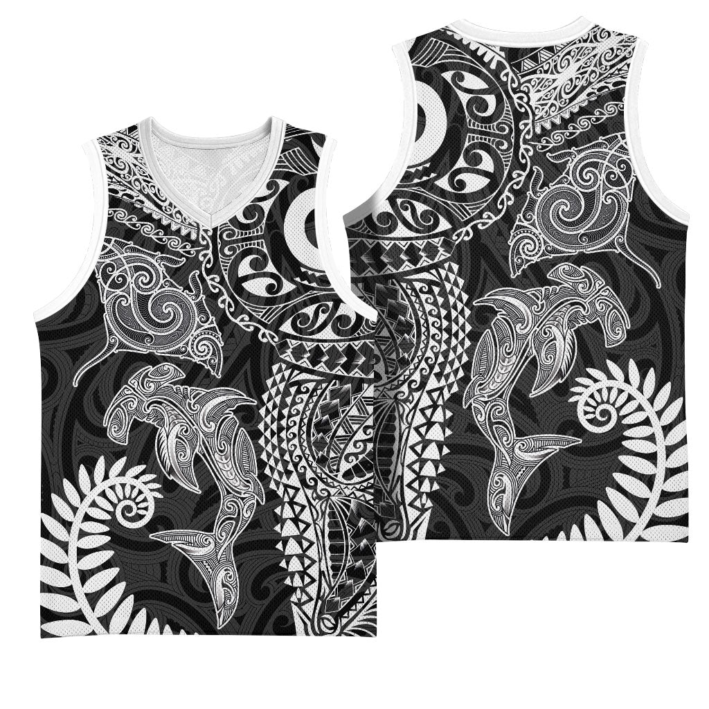 Aotearoa Maori Sea Animals Tribal Basketball Jersey Manta Ray and Shark Moko Pattern Black Color LT03 - Polynesian Pride