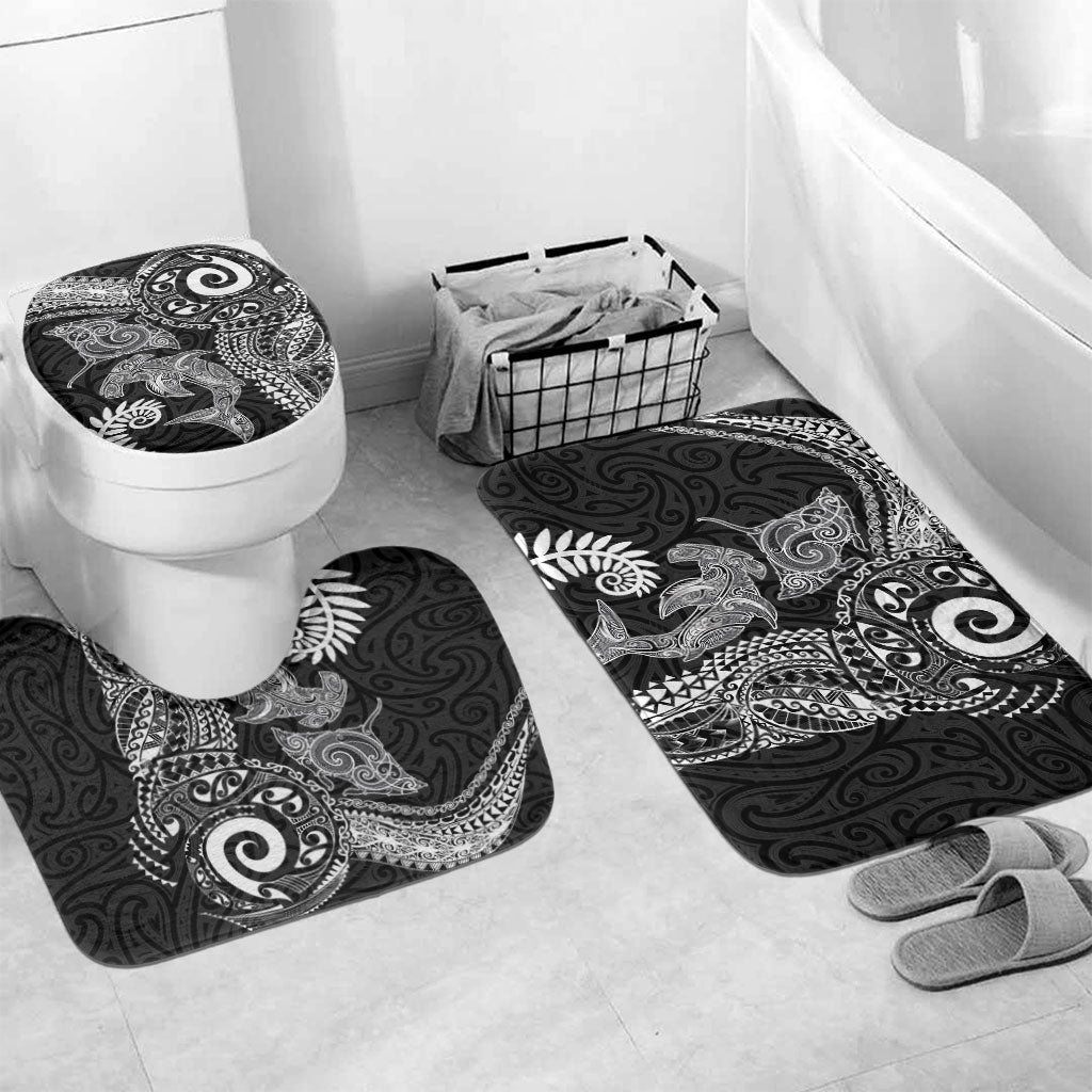 Aotearoa Maori Sea Animals Tribal Bathroom Set Manta Ray and Shark Moko Pattern Black Color