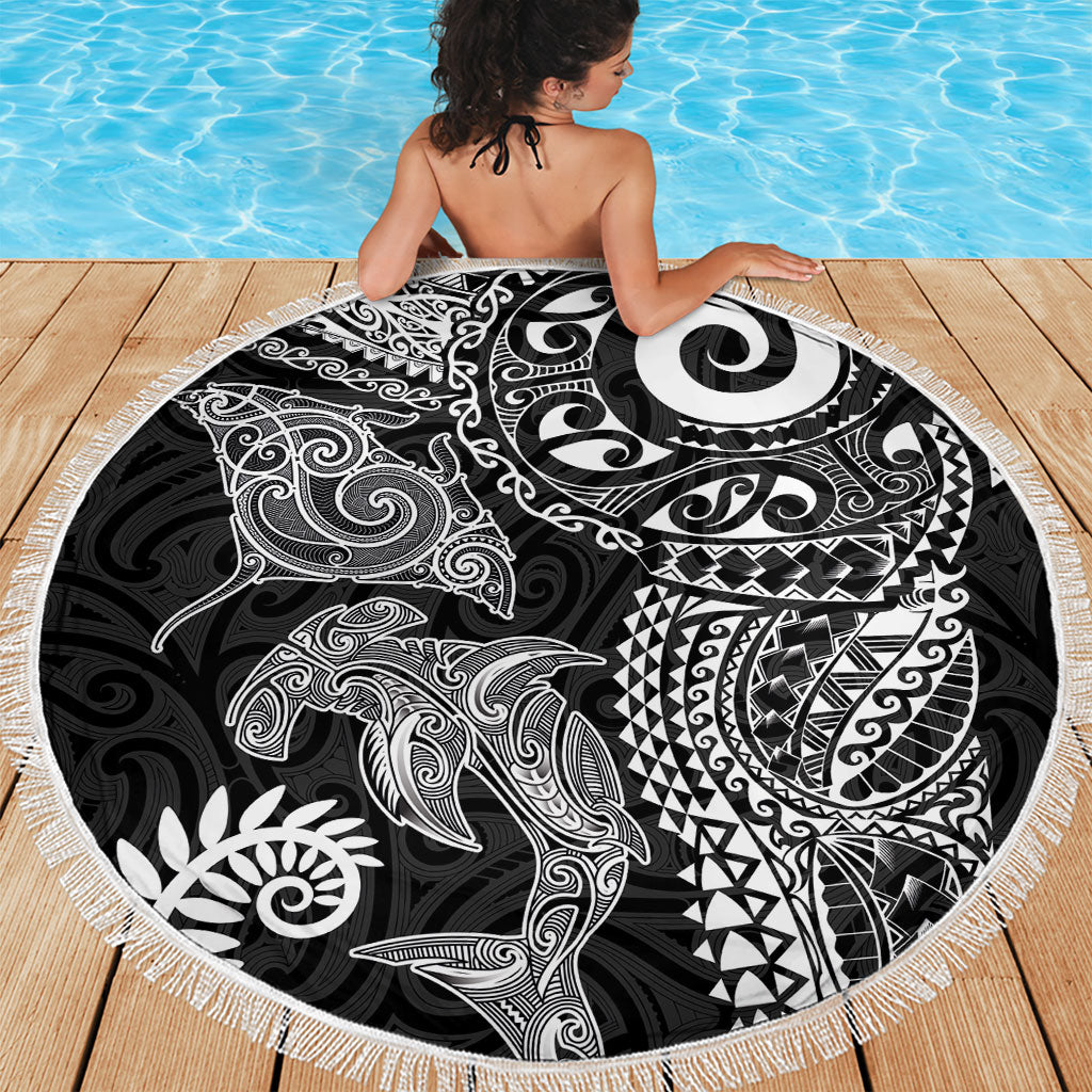 Aotearoa Maori Sea Animals Tribal Beach Blanket Manta Ray and Shark Moko Pattern Black Color