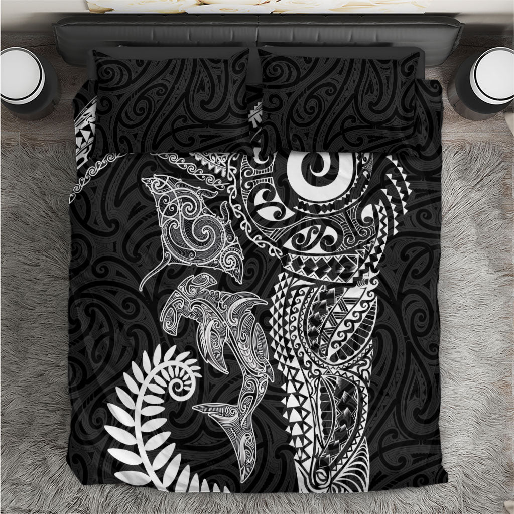 Aotearoa Maori Sea Animals Tribal Bedding Set Manta Ray and Shark Moko Pattern Black Color LT03 Black - Polynesian Pride