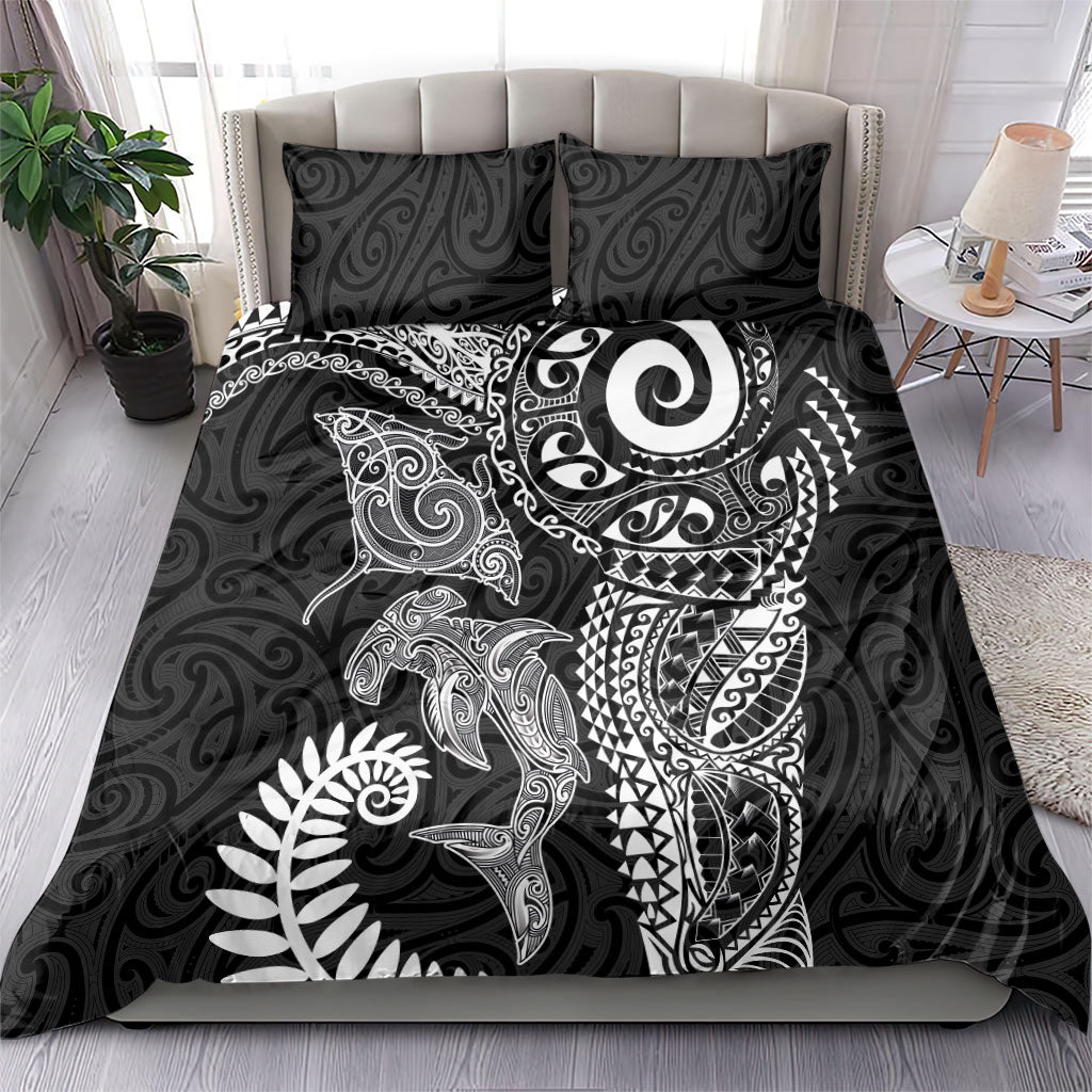 Aotearoa Maori Sea Animals Tribal Bedding Set Manta Ray and Shark Moko Pattern Black Color LT03 - Polynesian Pride