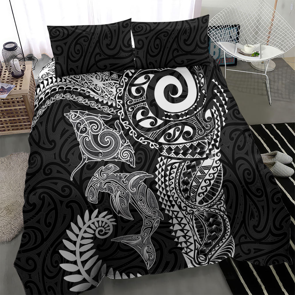 Aotearoa Maori Sea Animals Tribal Bedding Set Manta Ray and Shark Moko Pattern Black Color LT03 - Polynesian Pride