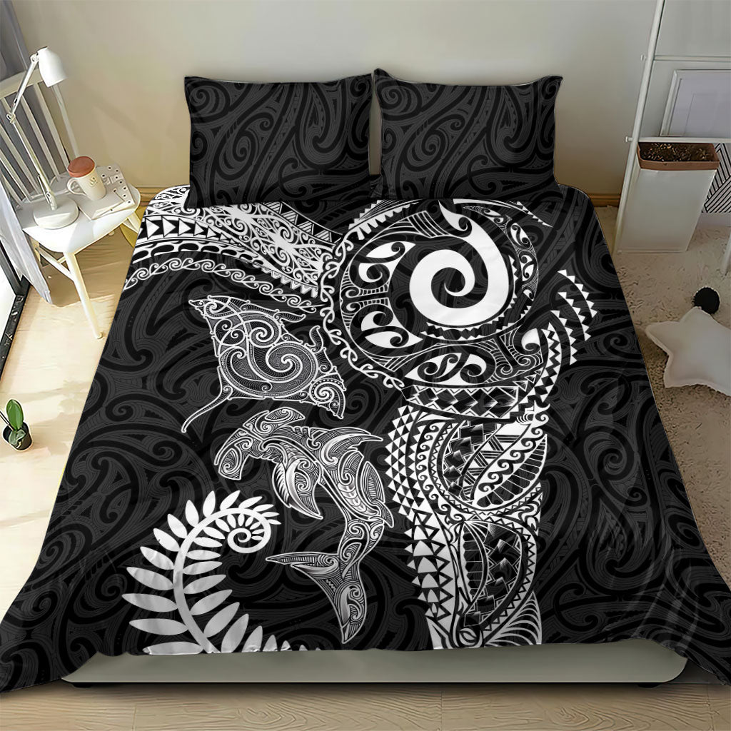 Aotearoa Maori Sea Animals Tribal Bedding Set Manta Ray and Shark Moko Pattern Black Color LT03 - Polynesian Pride