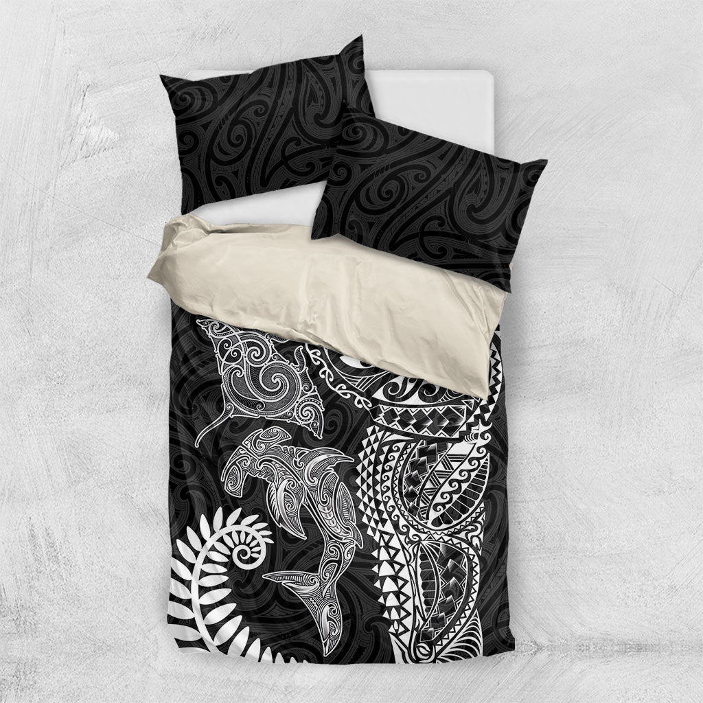 Aotearoa Maori Sea Animals Tribal Bedding Set Manta Ray and Shark Moko Pattern Black Color LT03 US Twin 172cm x 218cm Black - Polynesian Pride