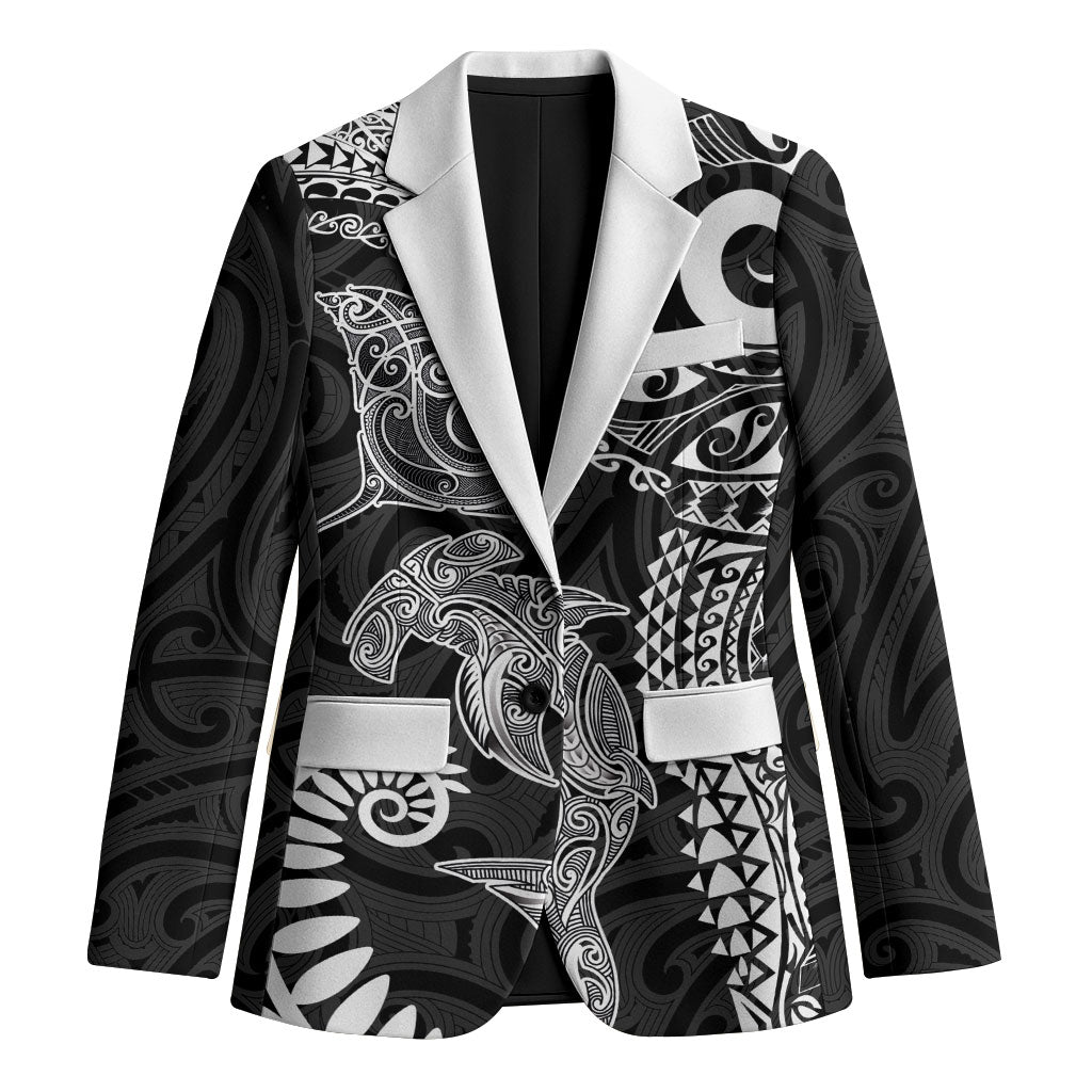 Aotearoa Maori Sea Animals Tribal Blazer Manta Ray and Shark Moko Pattern Black Color LT03 Unisex Black - Polynesian Pride