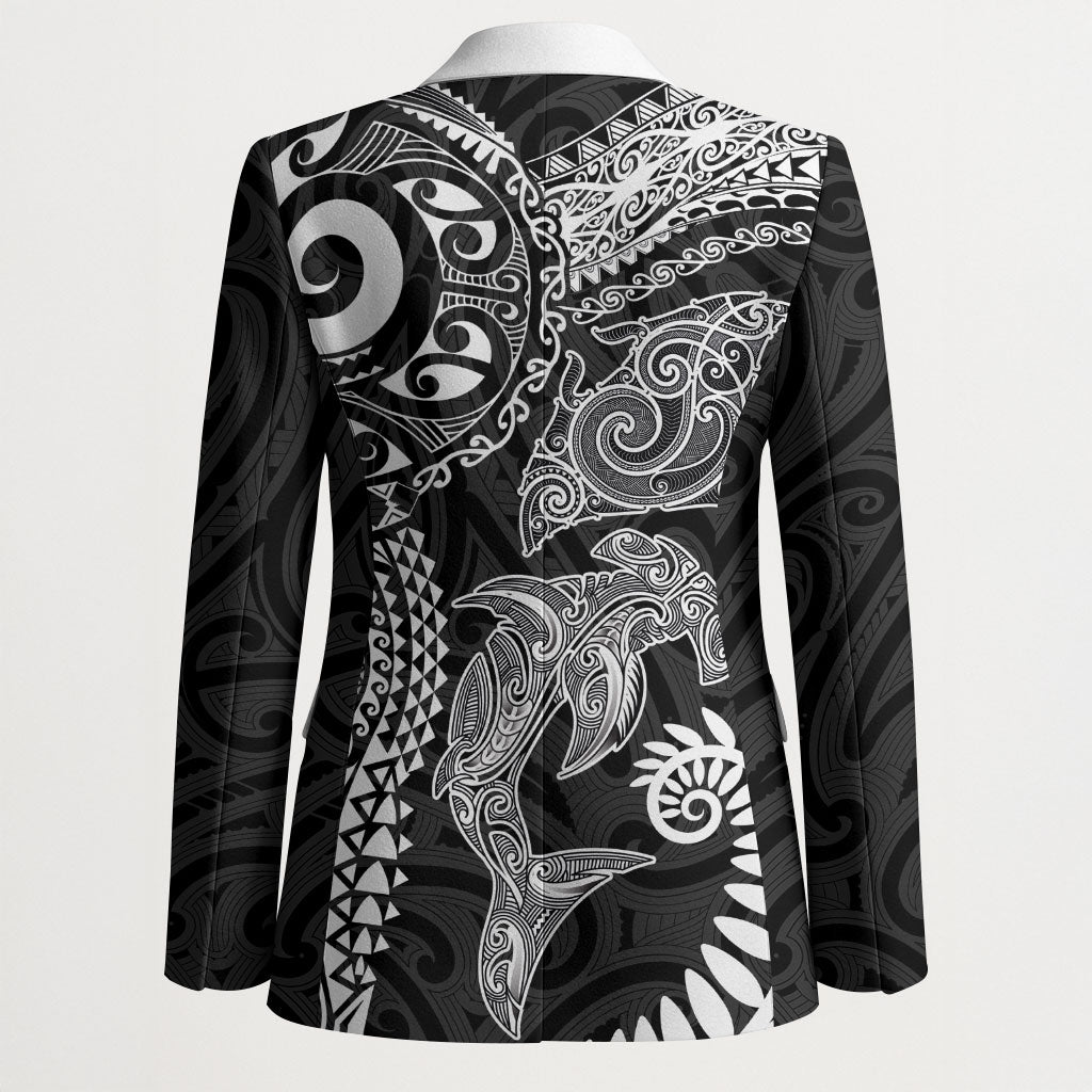 Aotearoa Maori Sea Animals Tribal Blazer Manta Ray and Shark Moko Pattern Black Color LT03 - Polynesian Pride