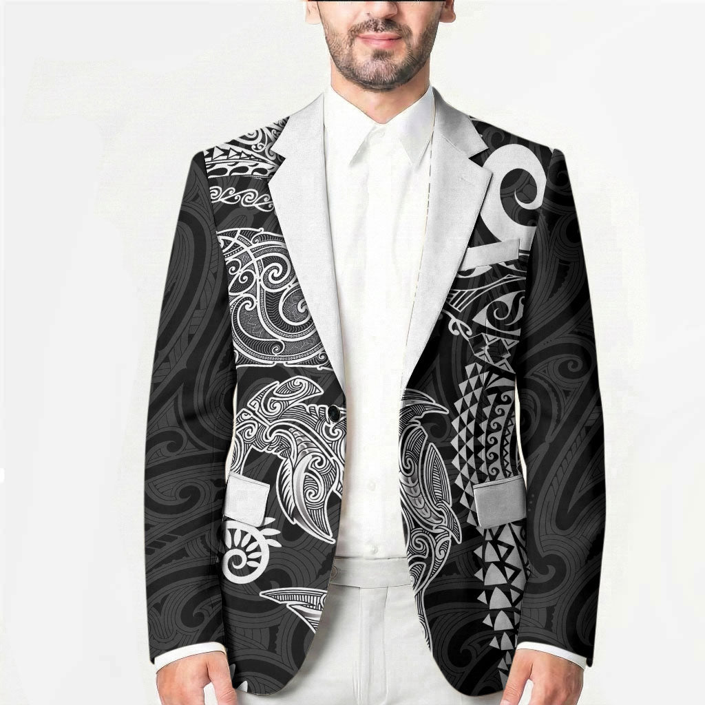 Aotearoa Maori Sea Animals Tribal Blazer Manta Ray and Shark Moko Pattern Black Color LT03 - Polynesian Pride