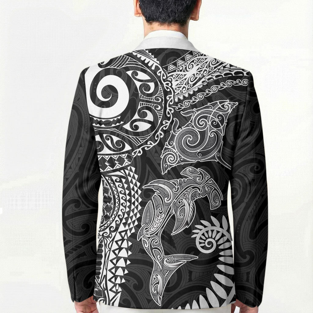 Aotearoa Maori Sea Animals Tribal Blazer Manta Ray and Shark Moko Pattern Black Color LT03 - Polynesian Pride