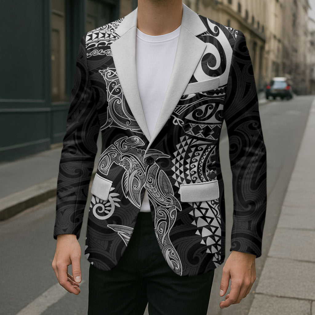 Aotearoa Maori Sea Animals Tribal Blazer Manta Ray and Shark Moko Pattern Black Color LT03 - Polynesian Pride