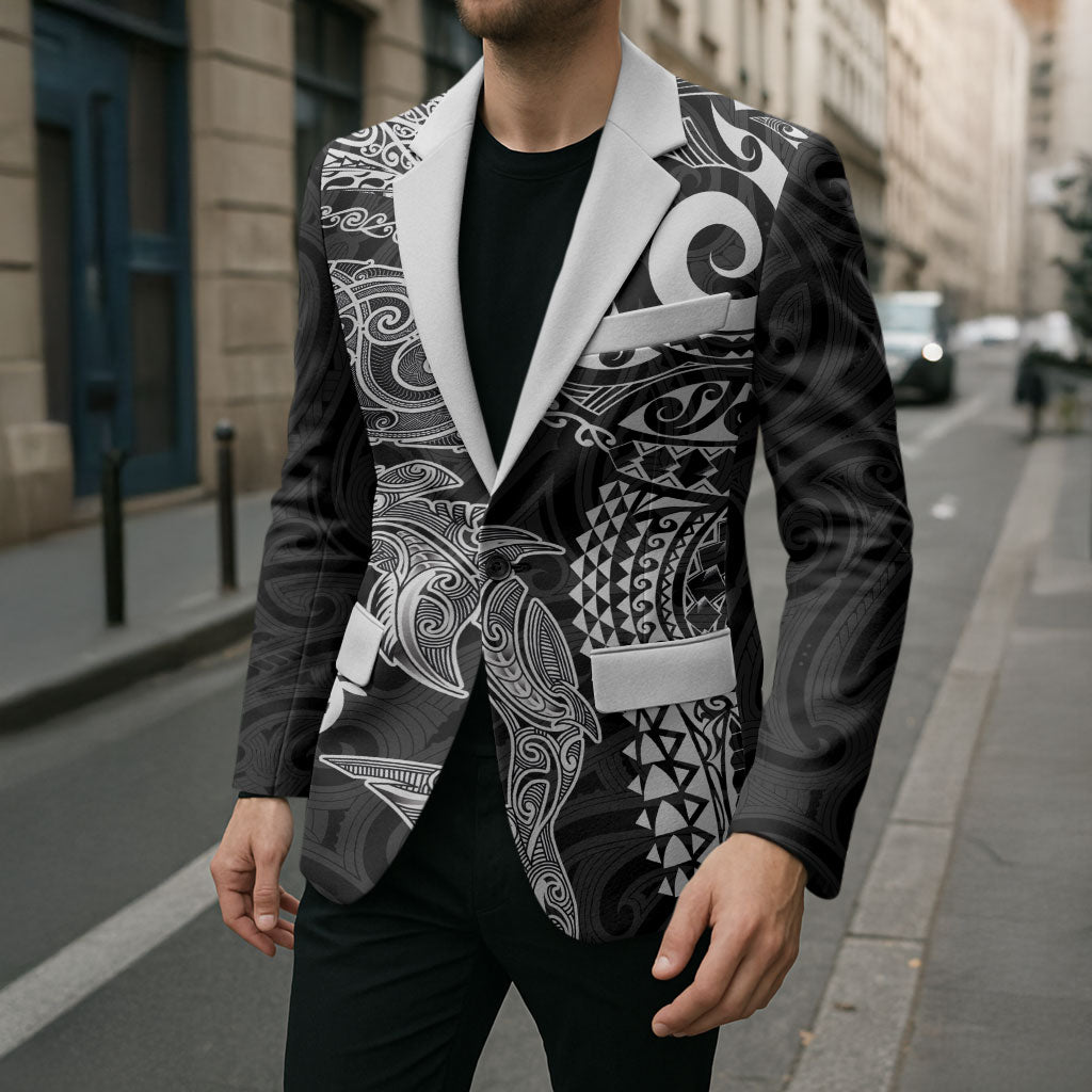 Aotearoa Maori Sea Animals Tribal Blazer Manta Ray and Shark Moko Pattern Black Color LT03 - Polynesian Pride