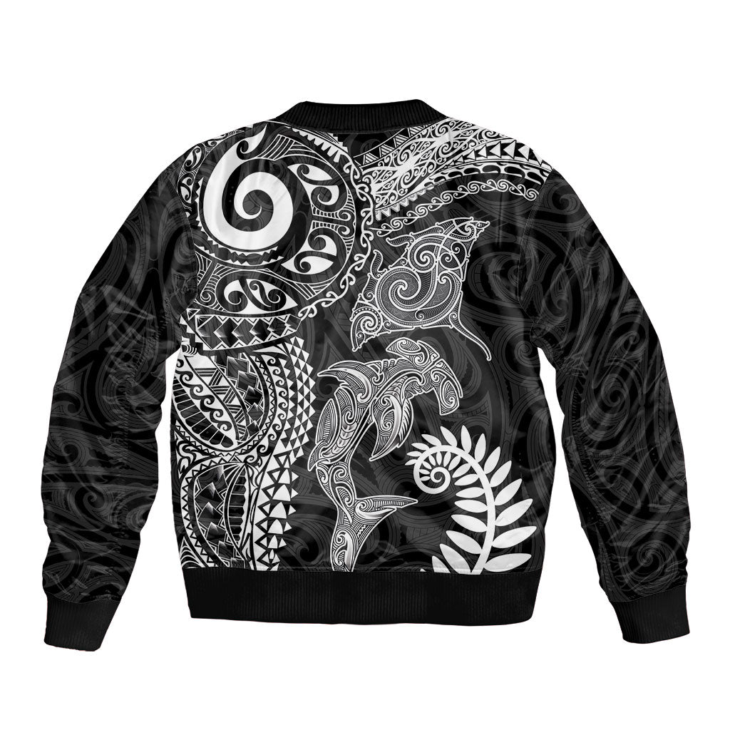 Aotearoa Maori Sea Animals Tribal Bomber Jacket Manta Ray and Shark Moko Pattern Black Color
