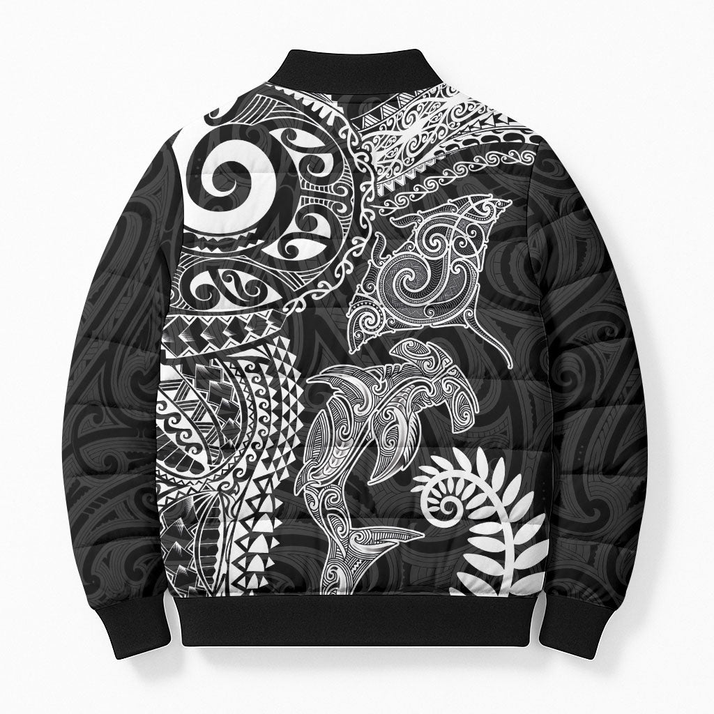 Aotearoa Maori Sea Animals Tribal Bomber Puffer Jacket Manta Ray and Shark Moko Pattern Black Color