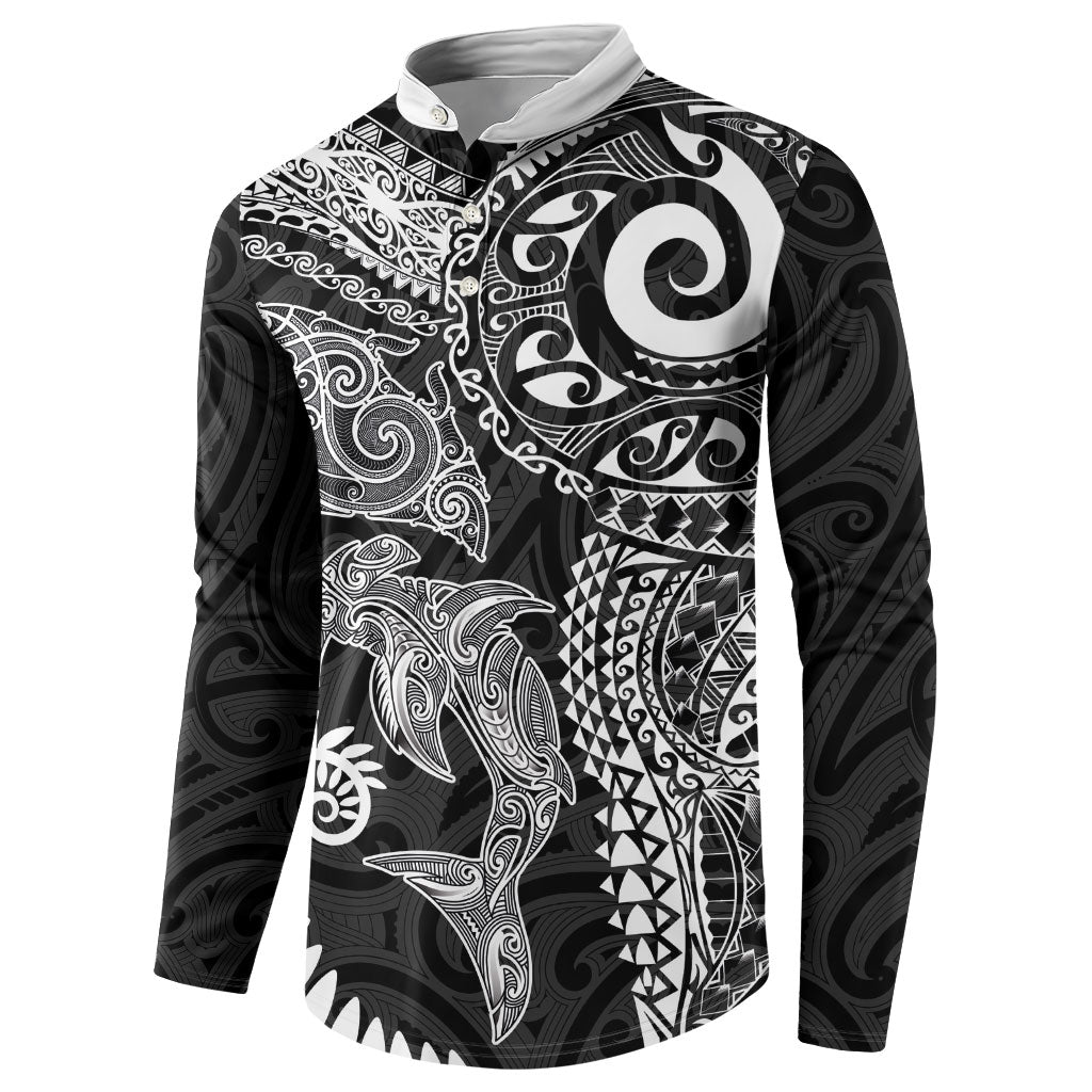 Aotearoa Maori Sea Animals Tribal Button Sweatshirt Manta Ray and Shark Moko Pattern Black Color