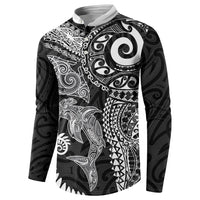 Aotearoa Maori Sea Animals Tribal Button Sweatshirt Manta Ray and Shark Moko Pattern Black Color