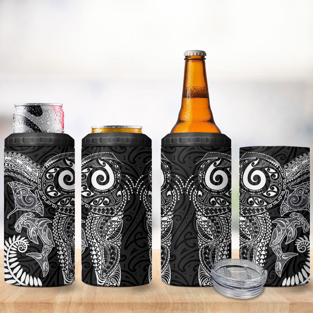 Aotearoa Maori Sea Animals Tribal 4 in 1 Can Cooler Tumbler Manta Ray and Shark Moko Pattern Black Color LT03 - Polynesian Pride