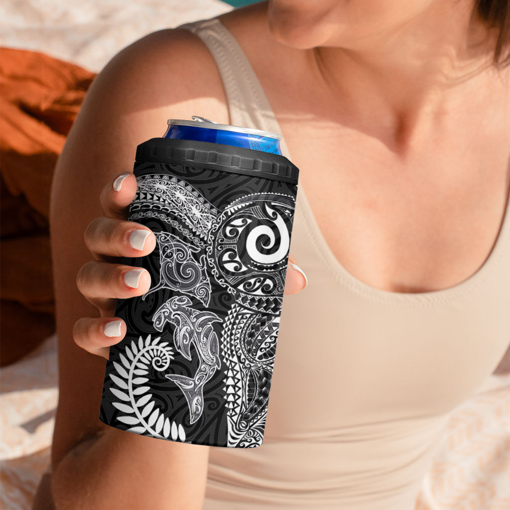 Aotearoa Maori Sea Animals Tribal 4 in 1 Can Cooler Tumbler Manta Ray and Shark Moko Pattern Black Color LT03 - Polynesian Pride