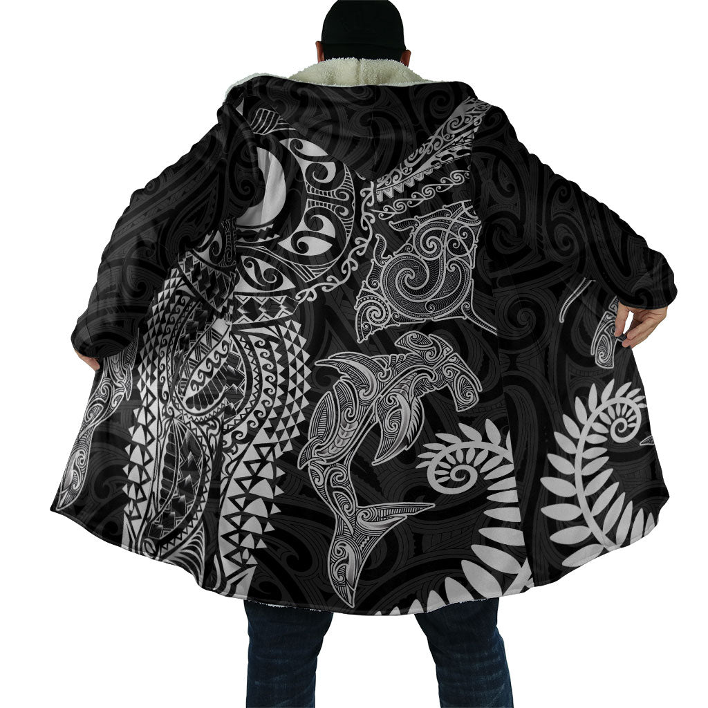 Aotearoa Maori Sea Animals Tribal Cloak Manta Ray and Shark Moko Pattern Black Color