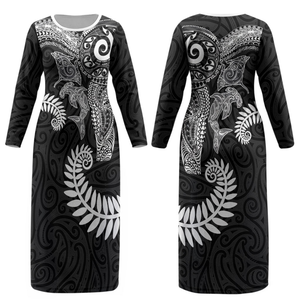 Aotearoa Maori Sea Animals Tribal Couples Matching Long Sleeve Bodycon Dress and Long Sleeve Button Shirt Manta Ray and Shark Moko Pattern Black Color LT03 - Polynesian Pride