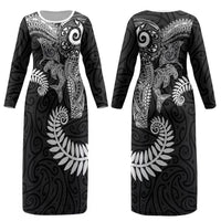 Aotearoa Maori Sea Animals Tribal Couples Matching Long Sleeve Bodycon Dress and Long Sleeve Button Shirt Manta Ray and Shark Moko Pattern Black Color LT03 - Polynesian Pride