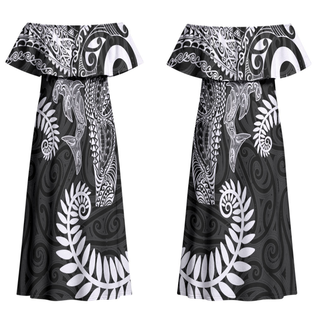 Aotearoa Maori Sea Animals Tribal Couples Matching Off Shoulder Maxi Dress and Hawaiian Shirt Manta Ray and Shark Moko Pattern Black Color LT03 - Polynesian Pride