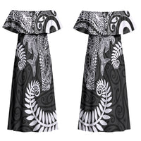 Aotearoa Maori Sea Animals Tribal Couples Matching Off Shoulder Maxi Dress and Hawaiian Shirt Manta Ray and Shark Moko Pattern Black Color LT03 - Polynesian Pride