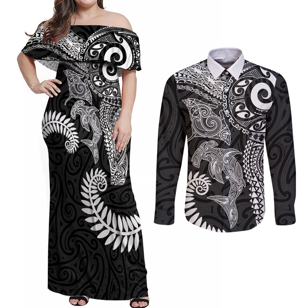 Aotearoa Maori Sea Animals Tribal Couples Matching Off Shoulder Maxi Dress and Long Sleeve Button Shirt Manta Ray and Shark Moko Pattern Black Color LT03 Black - Polynesian Pride