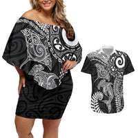 Aotearoa Maori Sea Animals Tribal Couples Matching Off Shoulder Short Dress and Hawaiian Shirt Manta Ray and Shark Moko Pattern Black Color LT03 Black - Polynesian Pride