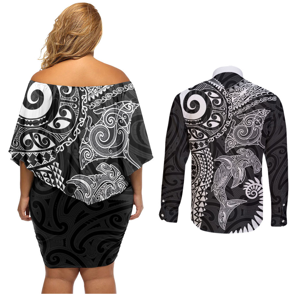 Aotearoa Maori Sea Animals Tribal Couples Matching Off Shoulder Short Dress and Long Sleeve Button Shirt Manta Ray and Shark Moko Pattern Black Color LT03 - Polynesian Pride