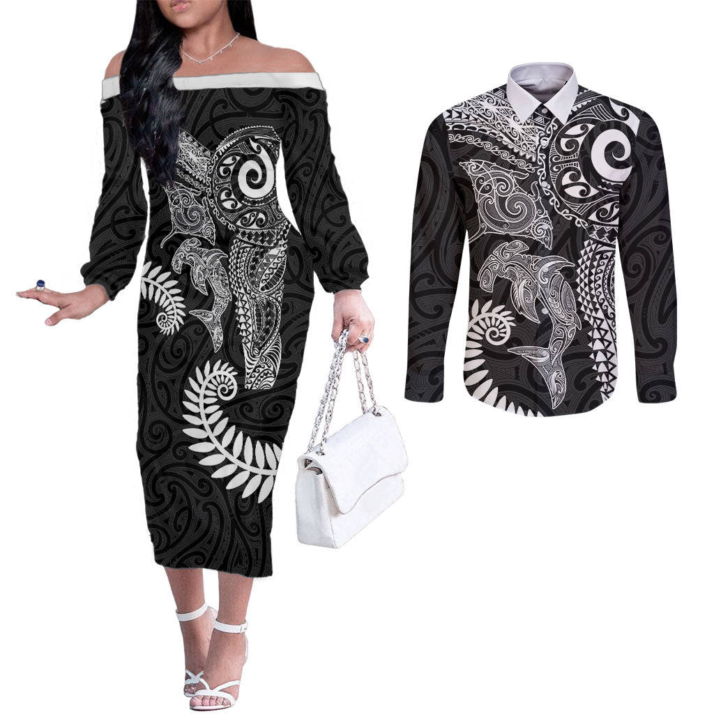 Aotearoa Maori Sea Animals Tribal Couples Matching Off The Shoulder Long Sleeve Dress and Long Sleeve Button Shirt Manta Ray and Shark Moko Pattern Black Color