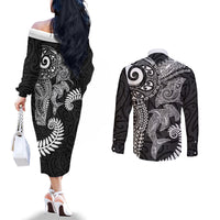 Aotearoa Maori Sea Animals Tribal Couples Matching Off The Shoulder Long Sleeve Dress and Long Sleeve Button Shirt Manta Ray and Shark Moko Pattern Black Color LT03 - Polynesian Pride