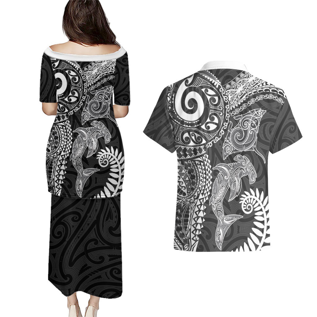 Aotearoa Maori Sea Animals Tribal Couples Matching Puletasi and Hawaiian Shirt Manta Ray and Shark Moko Pattern Black Color LT03 - Polynesian Pride