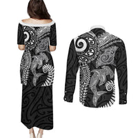 Aotearoa Maori Sea Animals Tribal Couples Matching Puletasi and Long Sleeve Button Shirt Manta Ray and Shark Moko Pattern Black Color LT03 - Polynesian Pride
