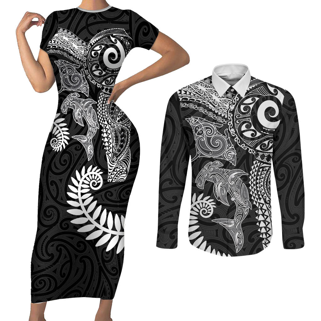 Aotearoa Maori Sea Animals Tribal Couples Matching Short Sleeve Bodycon Dress and Long Sleeve Button Shirt Manta Ray and Shark Moko Pattern Black Color LT03 Black - Polynesian Pride
