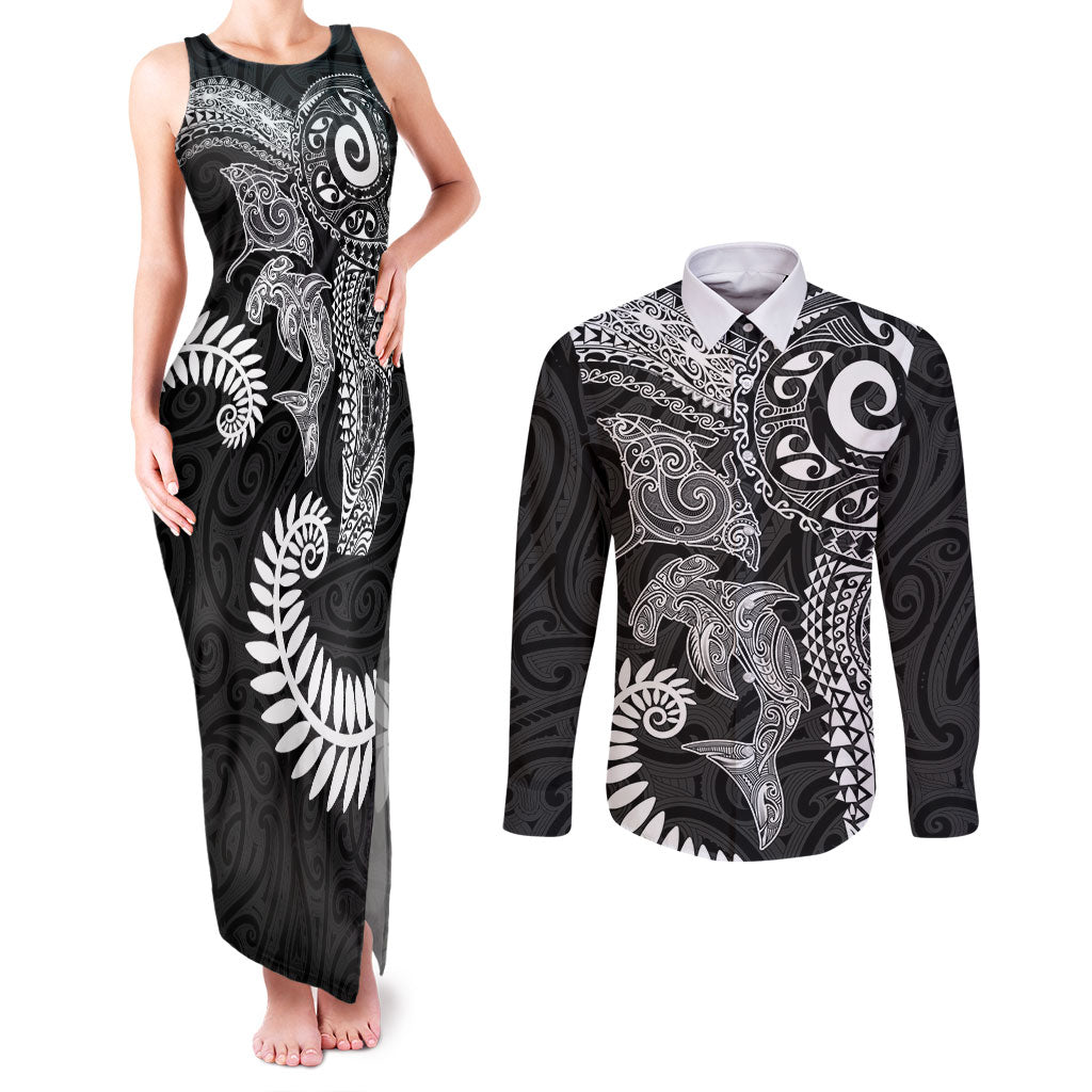 Aotearoa Maori Sea Animals Tribal Couples Matching Tank Maxi Dress and Long Sleeve Button Shirt Manta Ray and Shark Moko Pattern Black Color