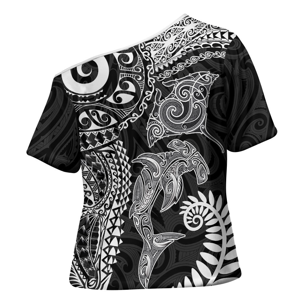 Aotearoa Maori Sea Animals Tribal Cross Shoulder Shirt Manta Ray and Shark Moko Pattern Black Color LT03 - Polynesian Pride