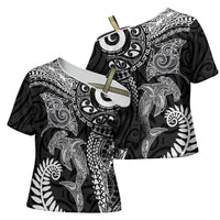 Aotearoa Maori Sea Animals Tribal Cross Shoulder Shirt Manta Ray and Shark Moko Pattern Black Color LT03 - Polynesian Pride