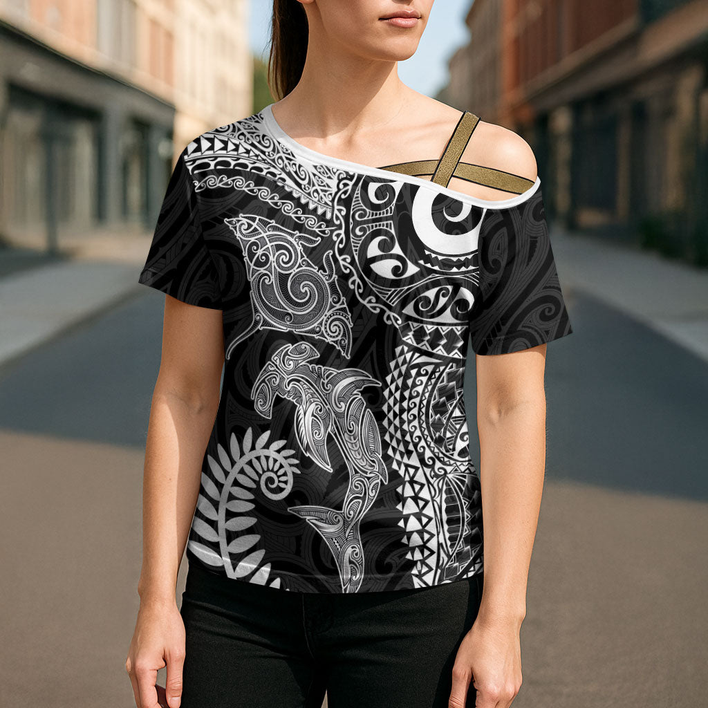 Aotearoa Maori Sea Animals Tribal Cross Shoulder Shirt Manta Ray and Shark Moko Pattern Black Color LT03 - Polynesian Pride