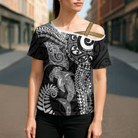 Aotearoa Maori Sea Animals Tribal Cross Shoulder Shirt Manta Ray and Shark Moko Pattern Black Color LT03 - Polynesian Pride