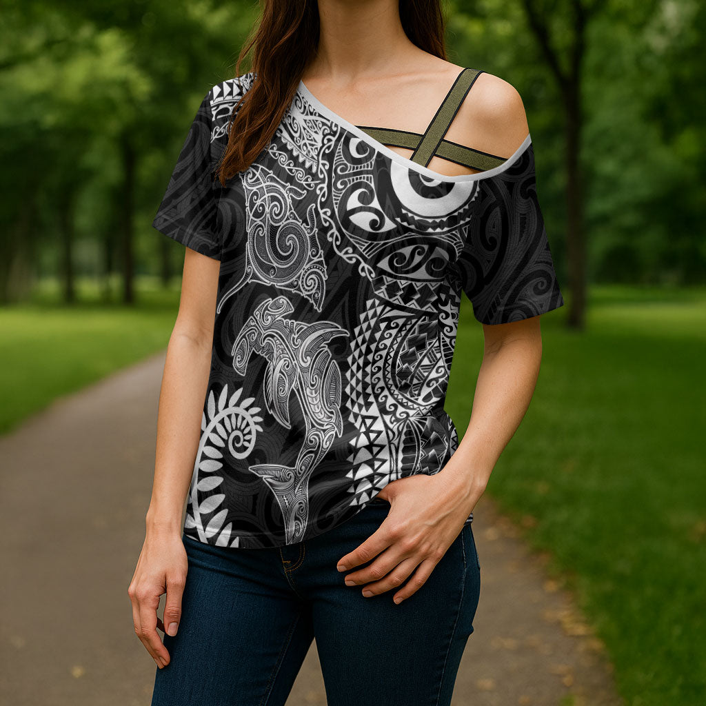 Aotearoa Maori Sea Animals Tribal Cross Shoulder Shirt Manta Ray and Shark Moko Pattern Black Color LT03 - Polynesian Pride