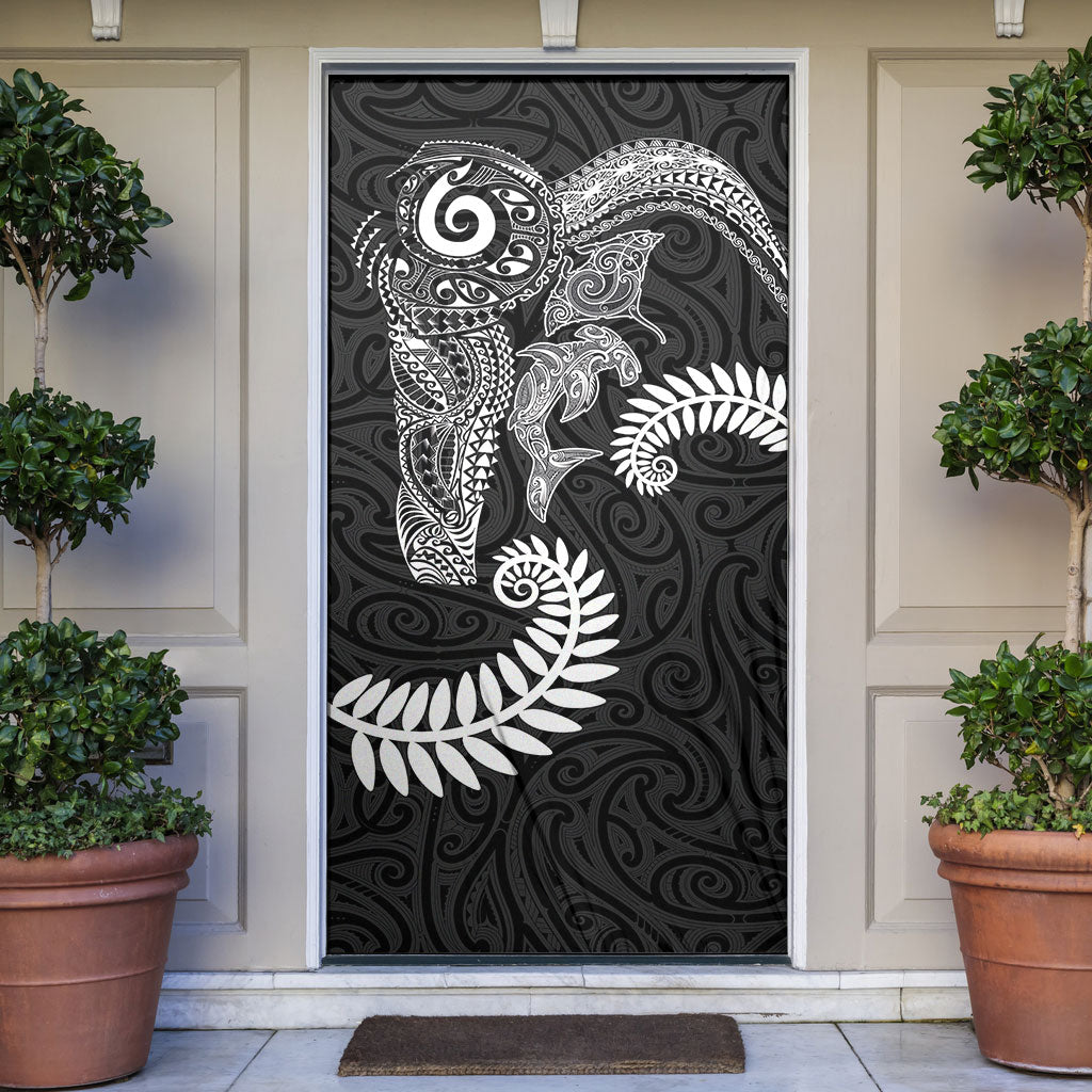 Aotearoa Maori Sea Animals Tribal Door Cover Manta Ray and Shark Moko Pattern Black Color LT03 Black - Polynesian Pride