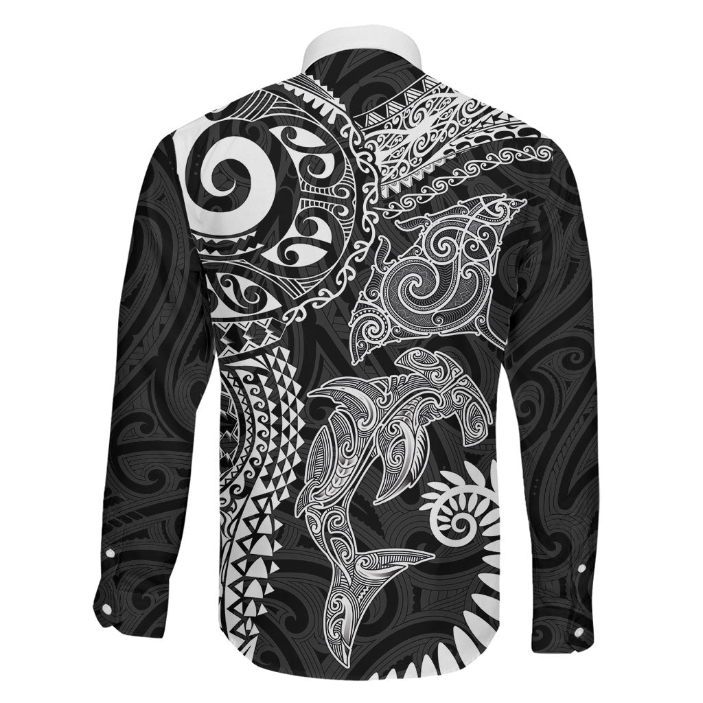 Aotearoa Maori Sea Animals Tribal Family Matching Off The Shoulder Long Sleeve Dress and Hawaiian Shirt Manta Ray and Shark Moko Pattern Black Color LT03 - Polynesian Pride