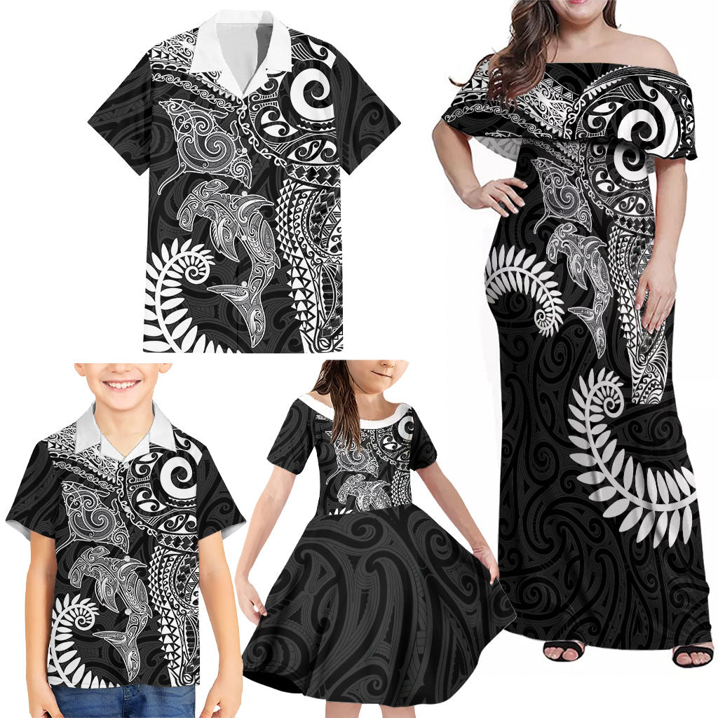 Aotearoa Maori Sea Animals Tribal Family Matching Off Shoulder Maxi Dress and Hawaiian Shirt Manta Ray and Shark Moko Pattern Black Color LT03 - Polynesian Pride