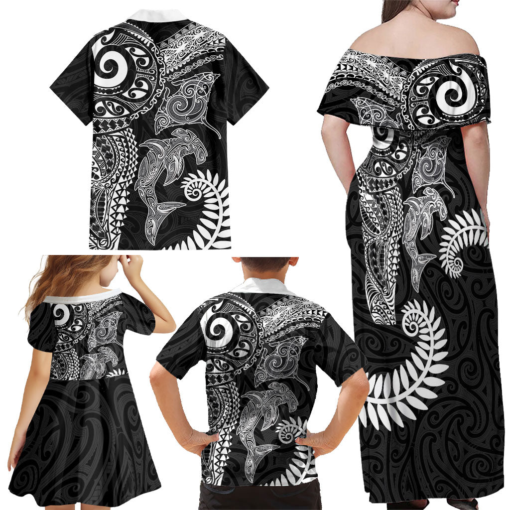 Aotearoa Maori Sea Animals Tribal Family Matching Off Shoulder Maxi Dress and Hawaiian Shirt Manta Ray and Shark Moko Pattern Black Color LT03 - Polynesian Pride