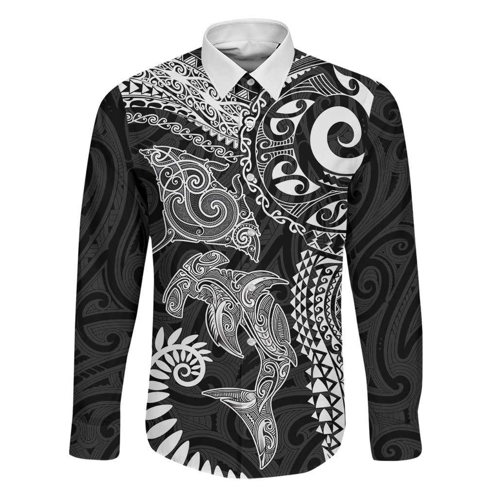 Aotearoa Maori Sea Animals Tribal Family Matching Off Shoulder Maxi Dress and Hawaiian Shirt Manta Ray and Shark Moko Pattern Black Color LT03 Dad's Shirt - Long Sleeve Black - Polynesian Pride